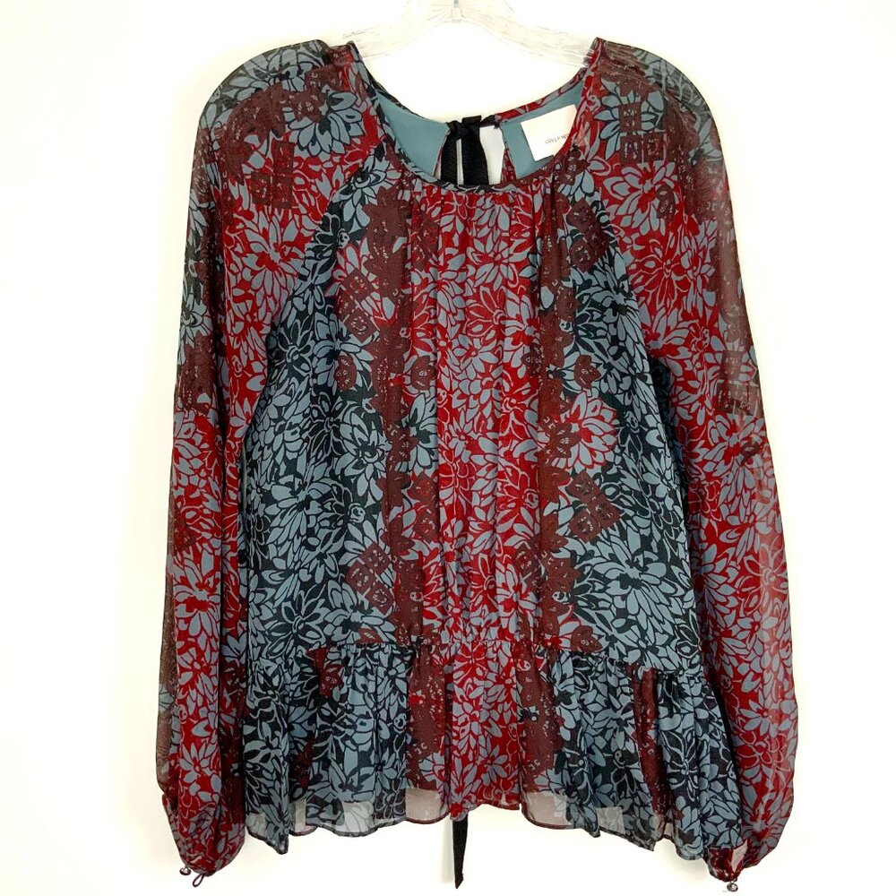New Cinq a Sept Silk Chiffon Floral Tie Back Peplum Blouse Red Black Sz XS - S